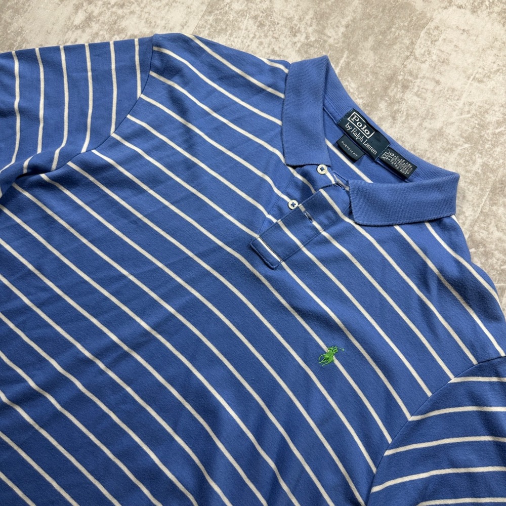 Polo Ralph Lauren Polo Shirt Mens XXL Blue Striped Custom Fit Short Sleeve Pony